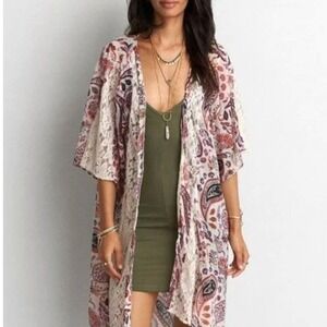 American Eagle Paisley Lace Trim Kimono Cardigan Boho Fairy Women's XS Small